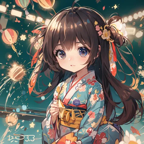 Chibi:1.8,Komono,Girl in Yukata,Blowing in the wind,Summer Festivals,natta,food stand,Spirit Stream,Big  Fireworks:1.7,Fireworks in the night sky:1.8,poneyTail,dutch angle shot,ground-level shot,low angle,full body shot,long shot,(masutepiece: 1.3), (exqui...