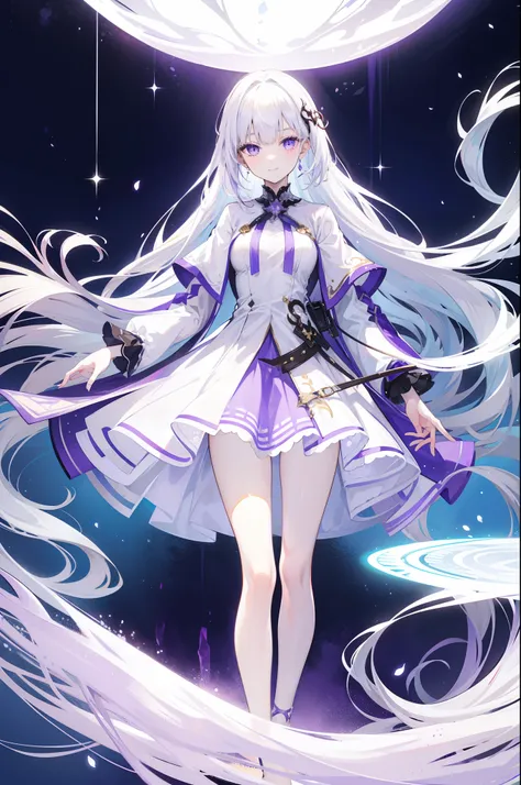 Beautiful girl with white hair，Violet skirt，Tall and tall，slenderness，With a smile，Flushed face，Standing in Wonderland，Radiant