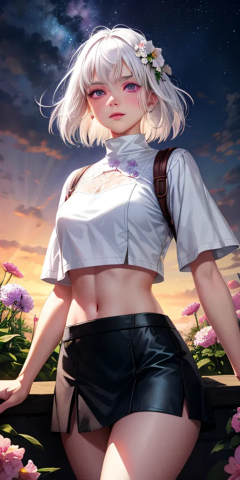 realistic, 1girl, white hair, purple eyes, glowing eyes, crop top, skirt, parted lips, blush, night, flowers, sun, sunlight,