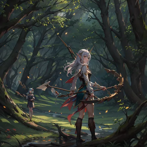 fallen wood,Elves with compound bows:1.5,Elf with a bow:1.5,arrow,flat breasts,dutch angle shot,ground-level shot,low angle,full body shot,medium shot,hunter:1.2,One unicorn:1,3, One Girl and One Fairy:1.8,Undulating lakes,deep-forest,Blowing in the wind,H...