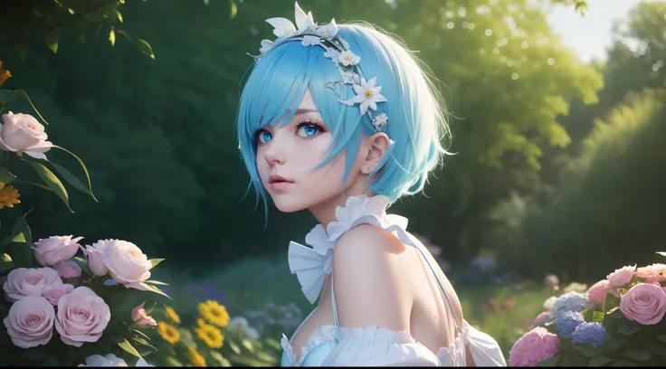 focused upper body, 1 girl, rem, maid costume, big breast bust, sparkling eyes, (((garden background))), Colorful beautiful girl: light blue hair, nice perfect face with soft skinice perfect face, intricate detail, splash screen, 8k resolution, masterpiece...