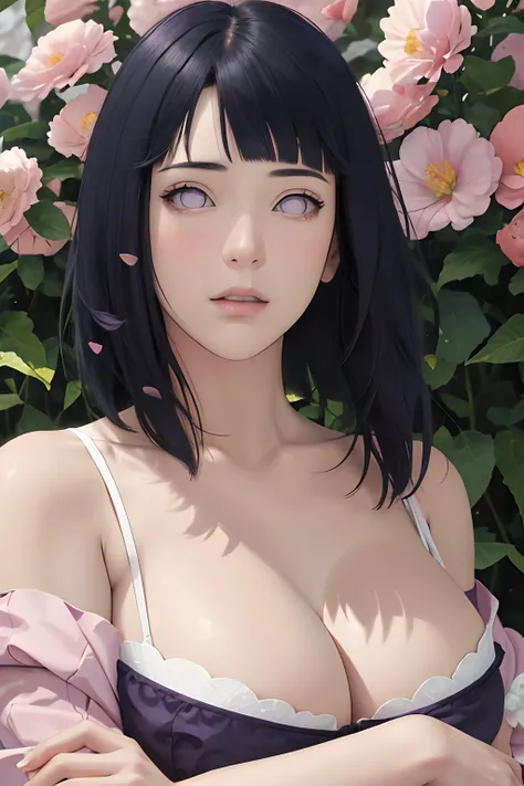 masterpiece, absurdres, hinata hyuga, 1girl, solo,mature female, off shoulder strap bra, looking at viewer, (falling petals), perfect composition, detailed lips, big breast, beautiful face, body propotion, blush, (pink lips), long hair, purple eyes, soft g...