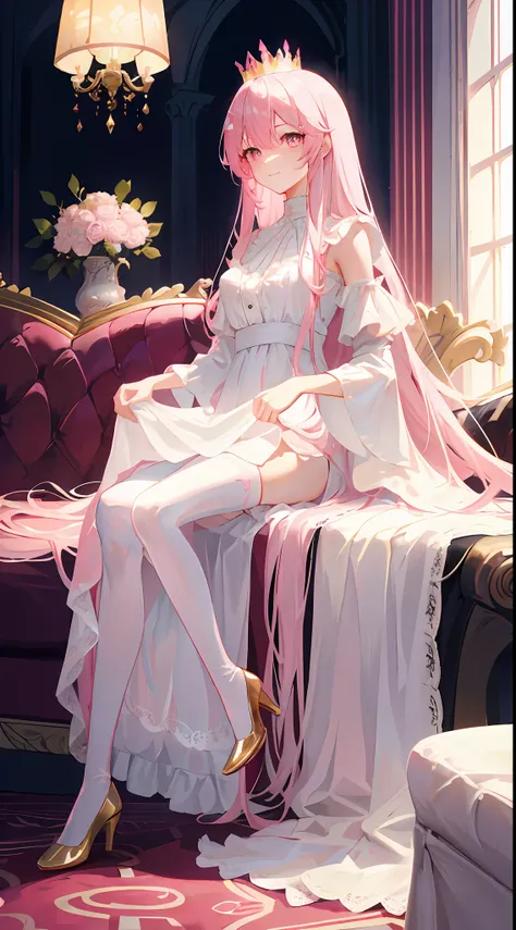 Pink hair， Pink eyes，long whitr hair，a queen，Sheer long dress，Lift the skirt，white stockings，pantiess，Be red in the face，ssmile，Sit on the sofa