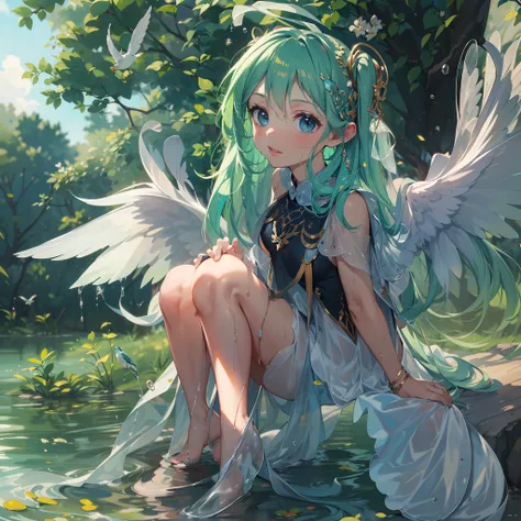 Angel with wings on his back:1.8,dutch angle shot,ground-level shot,low angle,full body shot,medium shot,very cute female child:1.8,8 yo,1 bird,miku hatsune:1.5,Wet and see-through clothes:1.5,Playing by the river,Barefoot,Sweat, Summer,day,Flat-breasted,(...