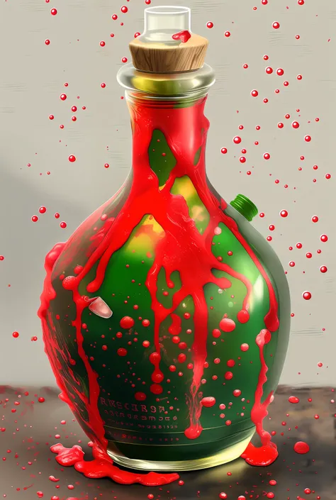 There is a bottle with a red substance on the table, Ultra-realistic poison bottle, Health Potion, One Health Potion Painting, red fluid, Ultra-detailed SCP artifact jar, Deep bleeding attenuation color!, Droplets flow down the bottle, Healing potions, Ble...