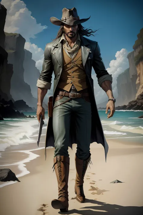 pintura de um homem caminhando na praia, full body, olhos abertos, olhos verdes esmeralda, olhos detalhados Escuro, o realista Solomon Kane, as a solomon kane, portrait of a bloodborne hunter, Tim Bradstreet, Arte Sangrenta, oeste estranho, Jessé McCree, D...