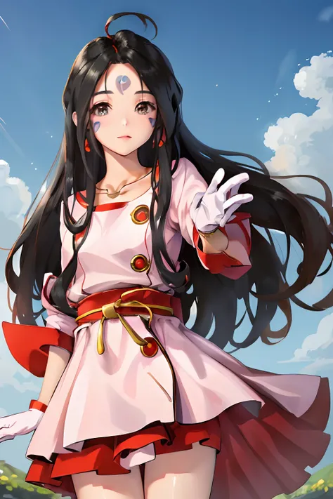 masterpiece, best quality, highres, hmskuld, black hair, facial mark, forehead mark, ahoge,  gloves, jewelry, dress, cowboy shot, standing