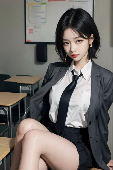 8K RAW photo, high resolution, 21 year old cool Korean, big round breasts, school uniform, tie, tie ribbon, blazer, skirt, beautiful eyes in detail, long eyelashes, beautiful double eyelids, eye shadow, slit eyes, sanpaku eyes, dark eye makeup, evil smile,...