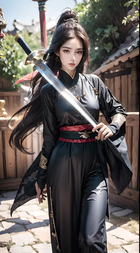 ,1个Giant Breast Girl，Hold the hilt of the sword in your hand，Sword in one hand，Long sword，Unsheathed sword，Sword in hand，Hanfu，Boots，Fingerless gloves，blossoms，mitts，petals，whaite hair，1个Giant Breast Girl，Fingerless gloves，blossoms，独奏，arma，whaite hair，high...