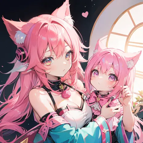 A painting of a woman with pink hair and cat ears, portrait of ahri, ahri, beautiful anime catgirl, seraphine ahri kda, Very beautiful anime cat girl, ahri from league of legend, anime in fantasy style, pink twintail hair and cyan eyes, anime catgirl, beau...