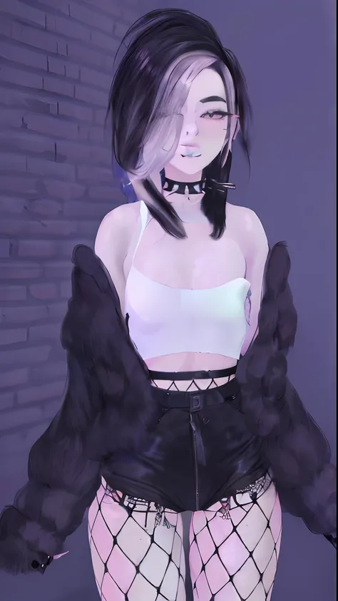 a woman with a furry coat, close up half body shot, pastel goth, sensual gloomy style, holding a pudica pose, pastel goth aesthetic, loosely cropped, mall goth, aesthetic!!!!, (((mist))), tinyest midriff ever