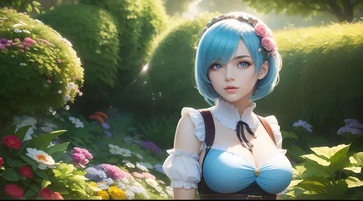 focused upper body, 2 girl, rem, ram, maid costume, big breast bust, sparkling eyes, (((garden background))), Colorful beautiful girl: light blue hair and light red hair, nice perfect face with soft skinice perfect face, intricate detail, splash screen, 8k...