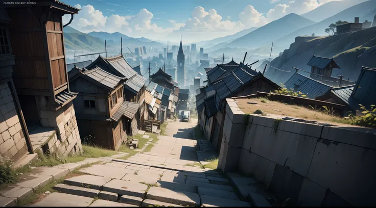 Look down from the top of the mountain，Run-down metropolis，barren，weeds，Abandoned, com cores neutras,cinema shot,the complex background，in style of hayao miyazaki，Perfect quality，Clear focus， （tmasterpiece：1.2）， （realisticlying：1.2） ，（Bokeh：0.5）， （best qua...