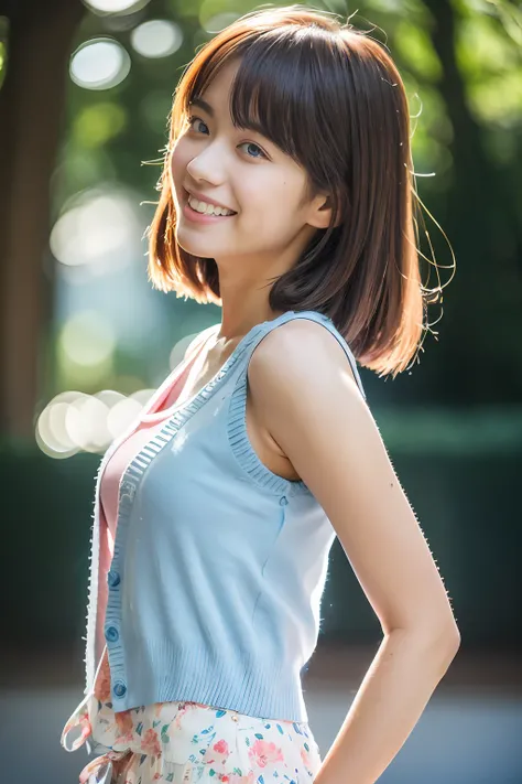 (from the rear),(Light blue sleeveless cardigan),(white tank tops), Lens 135mm f1.8, (Best Quality),(Raw photo), (masutepiece:1.1), (Beautiful 16 year old Japan girl), cute  face,Dappled sunlight, Dramatic Lighting、(Pink floral shorts),(beautiful thigh),Me...