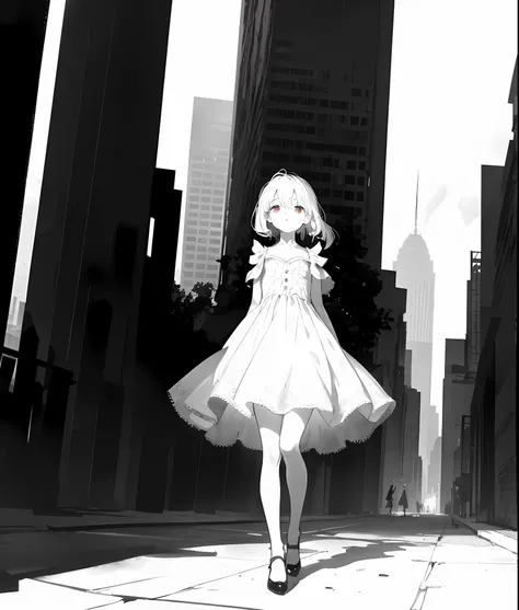 (flat-colors:0.9),(colourfull:1.1),(​masterpiece:1,2), top-quality, ​masterpiece, hight resolution, Original, highly detailed wallpaper, Viewers Perspective,14years,1girl in,Solo,portraitures、highcontrast、Ruins of huge skyscraper in the background、Cute dre...