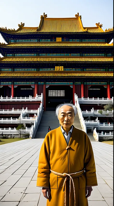 During the Yellow Emperor，An old Chinese man in a sheepskin coat stands quietly in front of the vast yellow earth，Behind you is a huge wooden palace