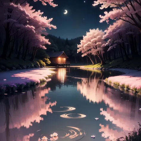 "Spring River flower moonlit night，Amazing view，Picturesque，An idyllic night，Moonlight sprinkled on the river，The reflection reflects the scene of flowers，The intoxicating floral fragrance is pervasive，light breeze，The water is rippling，Beautiful as a drea...