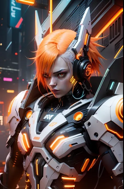 Cyberpunk, neon body effect, orange neon, yellow neon, orange hair