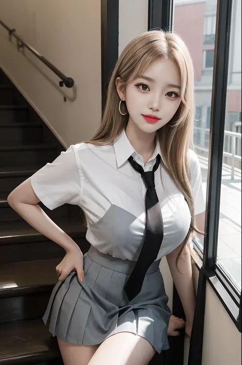 Gray eyes, Korean school uniform, summer school uniform shirt, ribbon tie, skirt, bright blonde, school stairs, going down school stairs, chest thrusting pose, chest bragging pose, 8k raw photo, high resolution, cool Korean at 16 years old, very big round ...