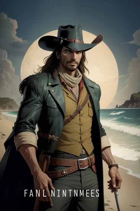 pintura de um homem caminhando na praia, expression happy, olhos abertos, olhos verdes esmeralda, olhos detalhados Escuro, o realista Solomon Kane, as a solomon kane, portrait of a bloodborne hunter, Tim Bradstreet, Arte Sangrenta, oeste estranho, Jessé Mc...