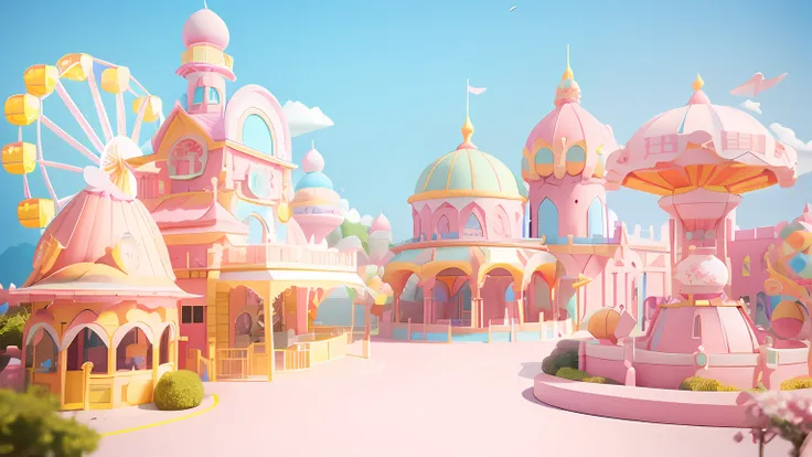 There is a pink and yellow building，The background is the Ferris wheel, 3 d render stylized, kawaii hq render, stylized as a 3d render, stylized 3d render, 3 d stylize scene, (rendering by octane) Fantasy style, beautiful render of a fairytale, fantasy sty...