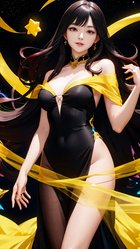 Young woman, ahegao, world magic, stars, black, yellow, rainbow, red wine hair, long hair, long open silk dress, 8K UHD, ultra detailed, super high resolution, tongue out