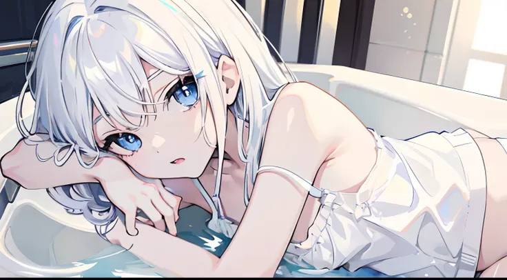 little girl with white hair and blue eyes, wearing a white camisole and a blue cardigan, lying in the bathtub at the night, Write thin thighs like a succubus, Describe the hand expression in detail,