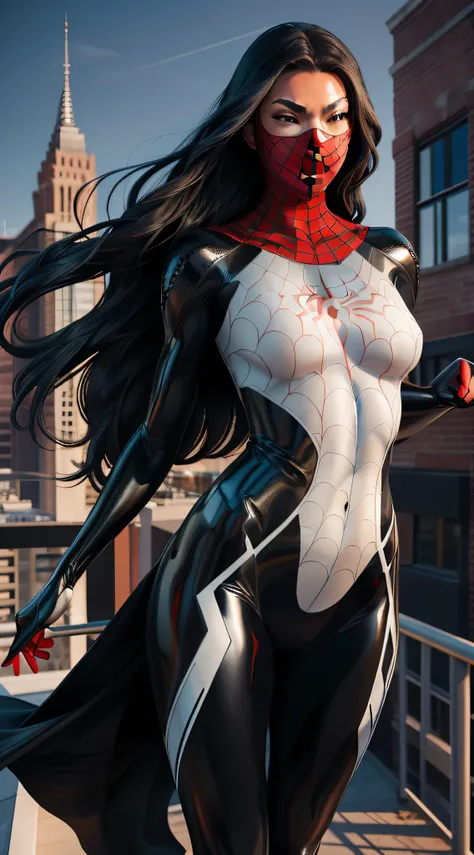 Cindy Moon, Silk, posing on a roof, wears a (black form-fitting spider-man bodysuit) with a sleek, textured (web-like white patterns), the suit covers her entire body, including her arms, legs, and torso, suit includes a (red spider emblem) on the chest, w...