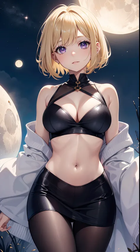 young girl, short blonde hair, Bob hairstyle, violet eyes, Black and white tight magic dress, open belly, open breasts, Wide neckline, The Sun and the Moon, Masterpiece, hiquality