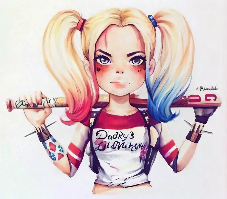 um desenho de uma menina com um taco de beisebol e uma bolha de bolha, Harley Rainha, Arlequina, de Arlequina, Retrato de Arlequina, lady gaga is harley quinn, Lady Gaga como Arlequina, Harley Quinn standing, Margot Robbie as Harley Quinn, Emma Watson como...