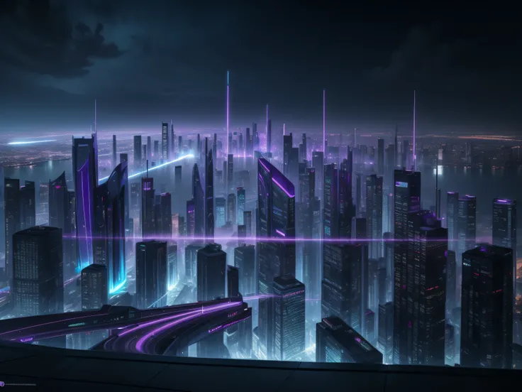 A futuristic and distracted city, with large buildings that defy gravity with their aesthetic designs and illuminated with violet colors, morado, azules y verdes. The lights of futuristic photography-type vehicles are reflected on the pavement by the rain ...