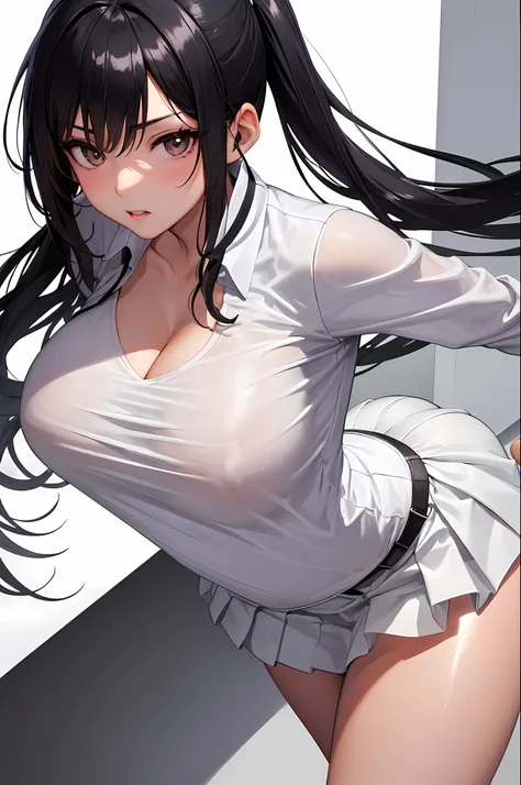 1girl, 独奏, White polo shirt, White sneakers, tennis wear, white mini-skirt, tmasterpiece, Best quality at best, realisticlying, ultra - detailed, (shiny skins, perspired:1.4), absurderes, looking at viewert, with short black hair, with brown eye,slendernes...