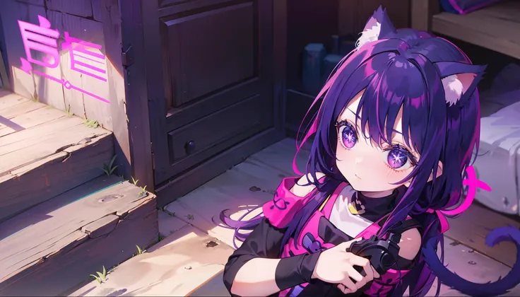 A Little Girl, Shoulders Long Hair, Purple Hair, Small Purple Cat Ears, A Purple Cat Tail, Assassin Clothing, Amine Style