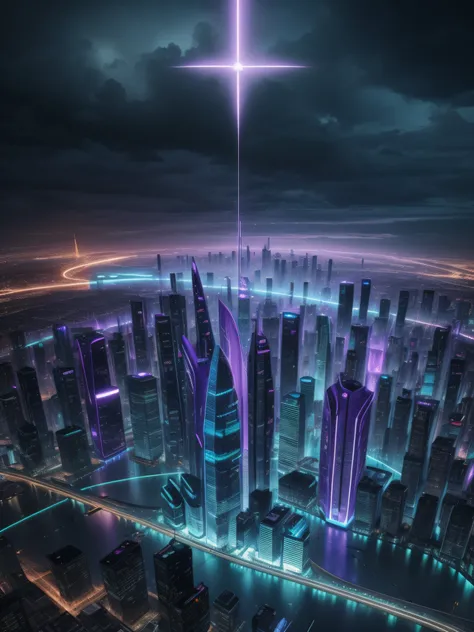 A futuristic and distracted city, with large buildings that defy gravity with their aesthetic designs and illuminated with violet colors, morado, azules y verdes. The lights of futuristic photography vehicles are reflected on the pavement by the rain that ...