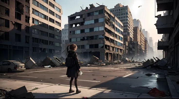 In a bombed, ruined cityscape, The streets were shelled，damaged streets，Destroyed modern building on the left side of the street, The windows shattered，（Far Side 1 girl，Pick up garbage，facing away from the audience）， stunning sight, --auto