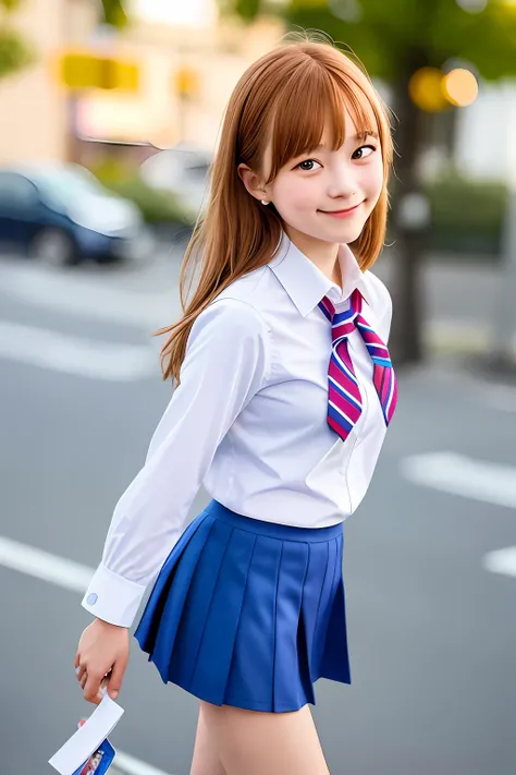 1girl, adolable, 16 years old, ssmile, looking at viewert, Short skirt uniform, On your stomach，seifuku, photore, realisticlying, Best quality at best, employee, 详细的脸, ‎Classroom, detailed back ground, diffuselighting, depth of fields, Background bokeh