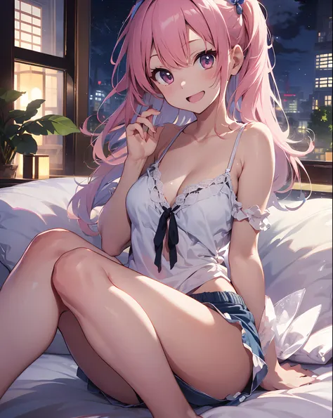 ((masutepiece)), ((Best Quality)), (Very detailed), Real from Thailand,8K,pixiv top quality,Potato,((Twin-tailed))Pink hair、Very long hair、Relax Smile,Open mouth, Cute,
Bedroom at night、White backless camisole、Blue shorts、 Teenage, medium boobs,
on the bed...