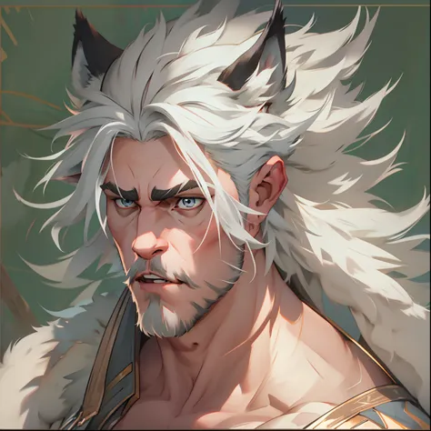 muscular male with light beard, flowing white hair, has wolf ears, has wolf tail, shirtless, playful, solo, alone, has goofy loo...