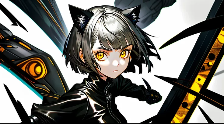 A girl with short silver hair，Wearing a black leather dress，Mechanical left arm，Mechanical cat ears，Yellow eyes，head portrait