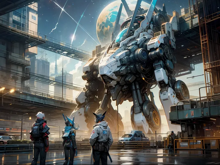 （Surreal sci-fi city，Huge futuristic mechanical building，magnificent complex，The starry sky spreads overhead，Mechs roam the city，roam freely）。