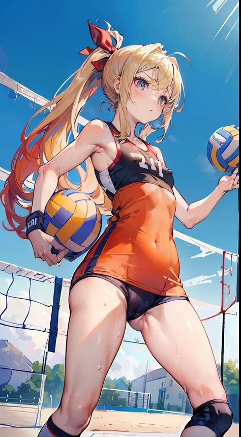 (masterpiece, 4k ,ultra detailed:1.2),(beautiful face:1.2),(anime:1.2),illustration,(solo:1.2),(looking at viewer:1.4),(supermodel:1.3),(volleyball athlete:1.4),(volleyball uniform:1.4),(bike shorts:1.4),(volleyball:1.5),(sweaty skin:1.3),(red and blue hai...