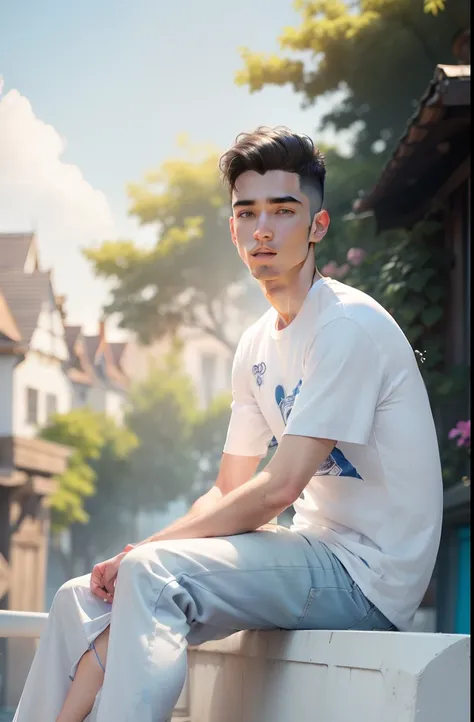 (masterpiece:1.2), (best quality:1.2),  t-shirt ((color: white)), blue sky background, face ((4k quality; no Noise)) hair ((danish zehen; white))