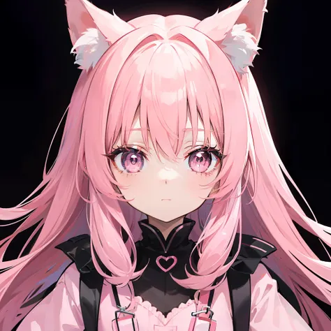 She wears long dark pink hair，Has dark pink fox ears，The face is relatively large，Black pupils，Wear a matching of pink and white clothes，Its a very cute little girl