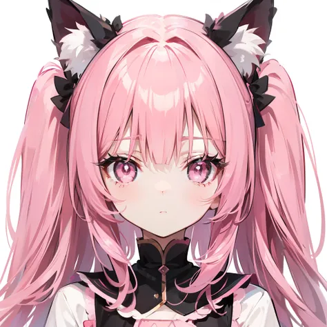 She wears long dark pink hair，Has dark pink fox ears，The face is relatively large，Black pupils，Wear a matching of pink and white clothes，Its a very cute little girl