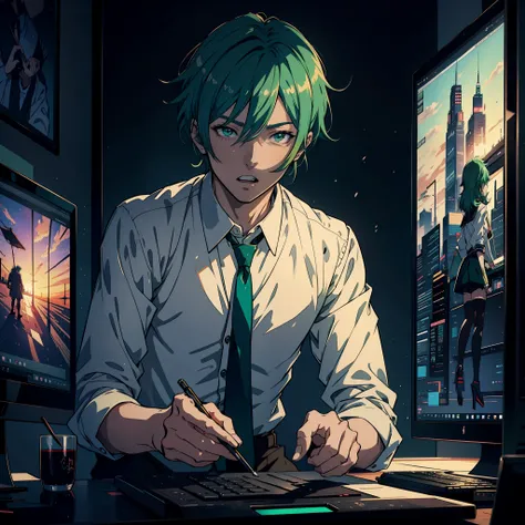 Anime man with green hair and tie sitting in front of the computer, decadent，terrifed，open open mouth，style of anime4 K, Best anime 4k konachan wallpaper, young anime man, Digital anime illustration, 4k manga wallpapers, Detailed digital anime art, 4K anim...