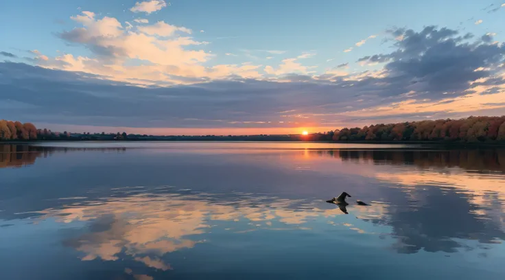 The sunset and the lone duck fly together, and the autumn water is the same color as the sky