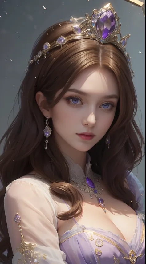 tmasterpiece，Highest image quality，Beautiful bust of a royal lady，Delicate brown hairstyle，Violet eyes are clear，Embellished with a dazzling array of intricate jewelry，super detailing，upscaled。