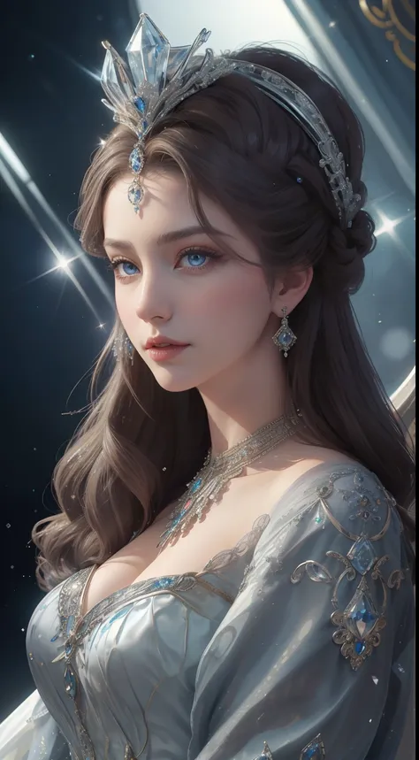 tmasterpiece，Highest image quality，Beautiful bust of a royal lady，Delicate chocolate-colored hairstyle，blue grey eyes，Embellished with a dazzling array of intricate jewelry，super detailing，upscaled。