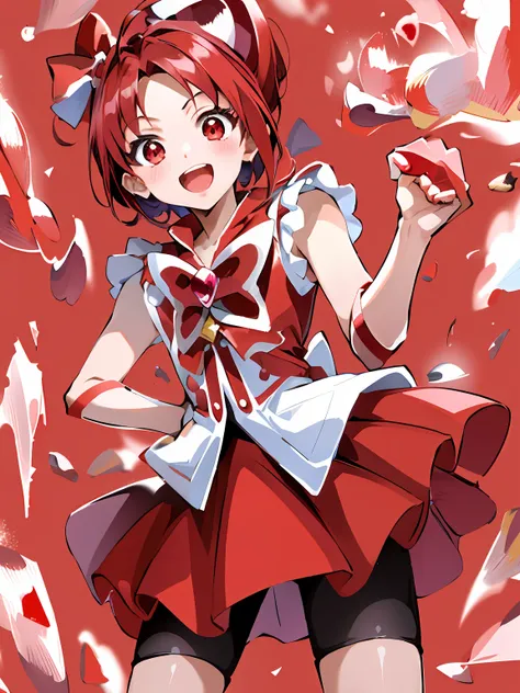 Anime boy in red dress with pink bow and red bow, Boy with short red hair, Boy with red arm warmer, Wallpaper!, shoun, Rin, 8K!!, Boy in red shorts, Happy!!!, Magical Boy Anime Mahou Shōnen, aya takano color style, Portrait of a magical boy