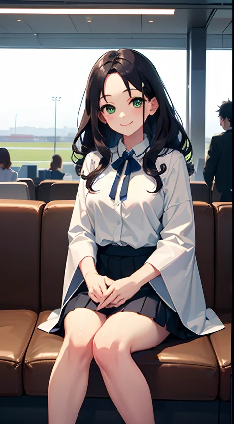 ((Best Quality)), (Ultra-detailed), ((Extremely detailed)), (Beautiful), ((Kawaii Girl)),Medium Hair,Forehead,Dark blue hair,(Wavy Hair),Green eyes,smock blouse,Mini skirt,regular breasts,Smile,Haneda airport lobby,sitting,One Woman